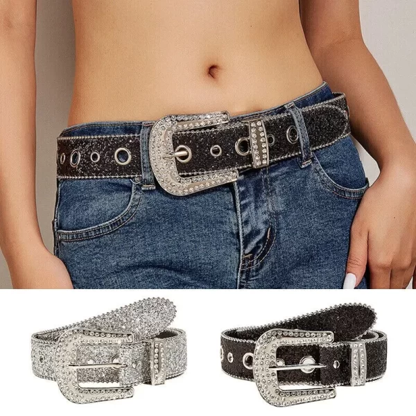 Gothic Black Silver Metal Buckle Rhinestone Belt Body Four Seasons Y2K Style Womens Jeans Belt 1