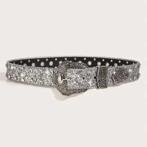 Women Sequin & Rhinestone Decor Geometric Buckle Fashion Belt For Dress Decoration 4