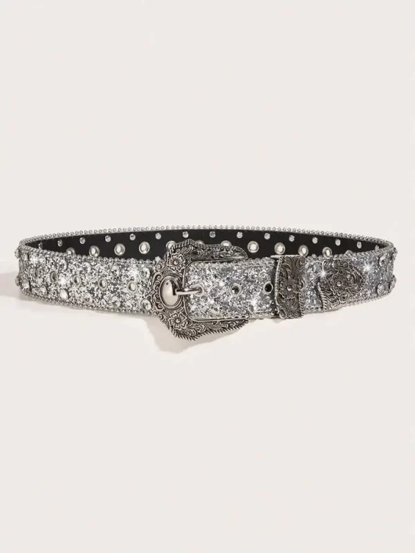 Women Sequin & Rhinestone Decor Geometric Buckle Fashion Belt For Dress Decoration 4