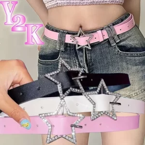 Y2K Star Buckle Belt Pink Leather Elastic Binding Embellished Waistband Sparkling Rhinestone Retro Bride Decoration Accessories 1