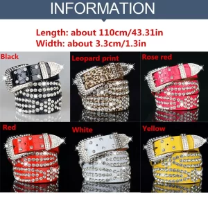 Women Fashion Solid /Leopard Print Studded Rhinestone Belt PU Leather Bling Crystal Adjustable Glitter Waistband for Club Party 6