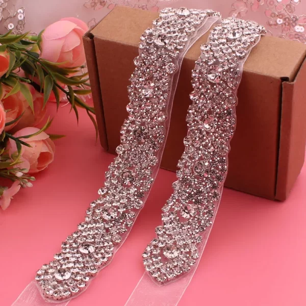 YJWSXF - Crystal bridal belt with ribbons, handmade silver wedding belt, cookie patient belt for wedding evening dresses 4