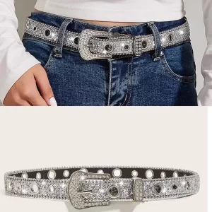 New Goth for rhinestone Belts Women PU Leather Strap for rhinestone Belts Western Cowboy Y2K Girls Fashion Belt for Jeans Men 3