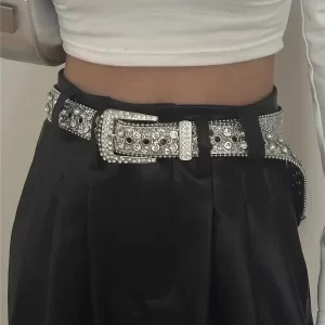 Y2K Women Fashion Solid Print Studded Full Rhinestone Belt PU Leather Bling Crystal Adjustable Glitter Waistband for Club Party 5