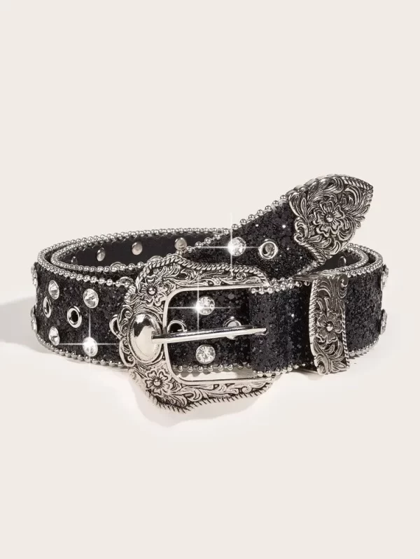 Women Sequin & Rhinestone Decor Geometric Buckle Fashion Belt For Dress Decoration 1