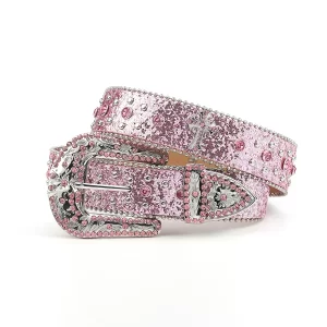 Pink cross-rivet Rhinestone belt sparkles, punk rock inlaid leather belt for men's jeans 5