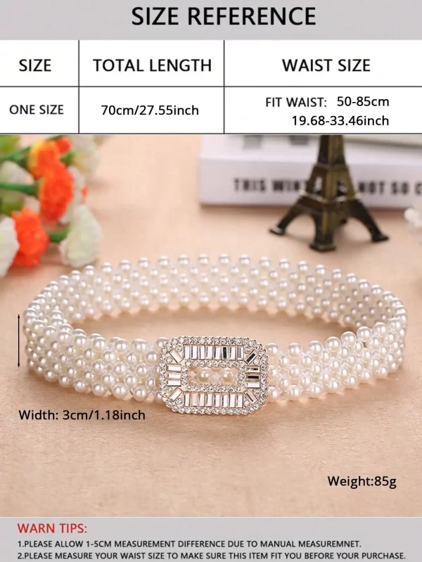 1pc Women's Elastic Waist Belt With Gold Buckle And Five Rows Of Faux Pearls, Sweet And Fashionable 4