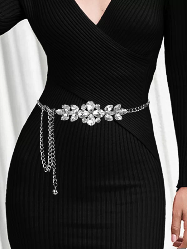 Cross border hot selling women's rhinestone inlaid chain belt decoration dresses, sweaters, high-end sense waist chains, silver 1