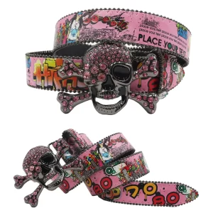 Big Skull Punk Black Rhinestone Belt Ladies Designer Belt Diamond Soldier Belt Western Cowboy Y2K Fashion Belt Hip Hop Graffiti 1