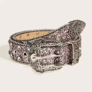 Women Sequin & Rhinestone Decor Geometric Buckle Fashion Belt For Dress Decoration 3