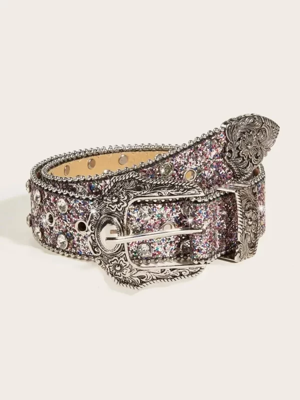 Women Sequin & Rhinestone Decor Geometric Buckle Fashion Belt For Dress Decoration 3