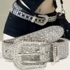 Y2K Women Fashion Solid Print Studded Full Rhinestone Belt PU Leather Bling Crystal Adjustable Glitter Waistband for Club Party 1