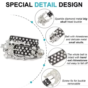 Western Leather Belt Crystal BlingBling Punk Belt Skull Pile Water Diamond Fashion Belt for Cowboy 6