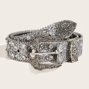 Women Sequin & Rhinestone Decor Geometric Buckle Fashion Belt For Dress Decoration 2