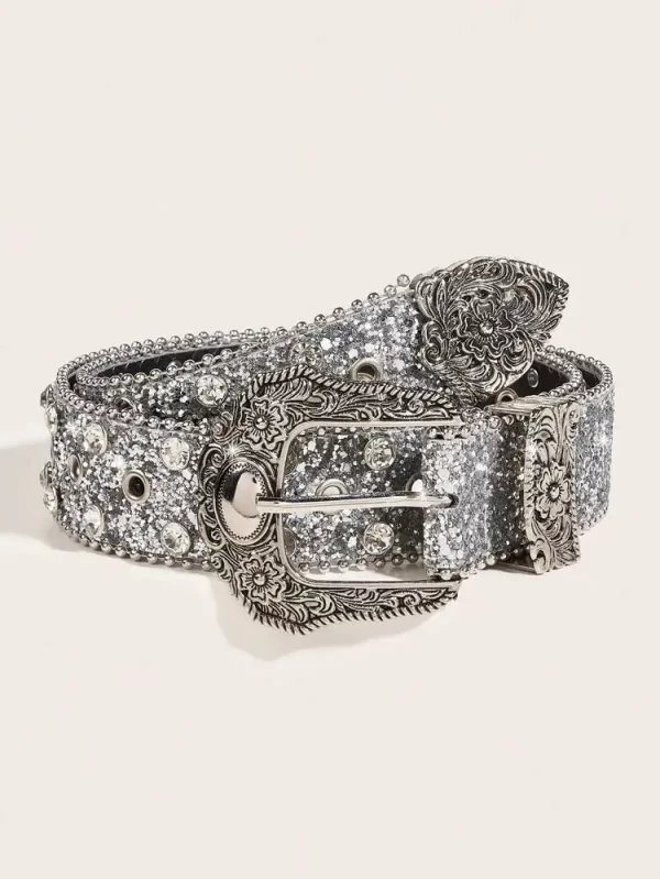 Women Sequin & Rhinestone Decor Geometric Buckle Fashion Belt For Dress Decoration 2