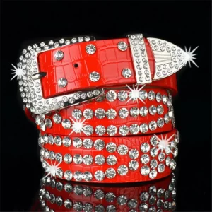 Women Fashion Solid /Leopard Print Studded Rhinestone Belt PU Leather Bling Crystal Adjustable Glitter Waistband for Club Party 4