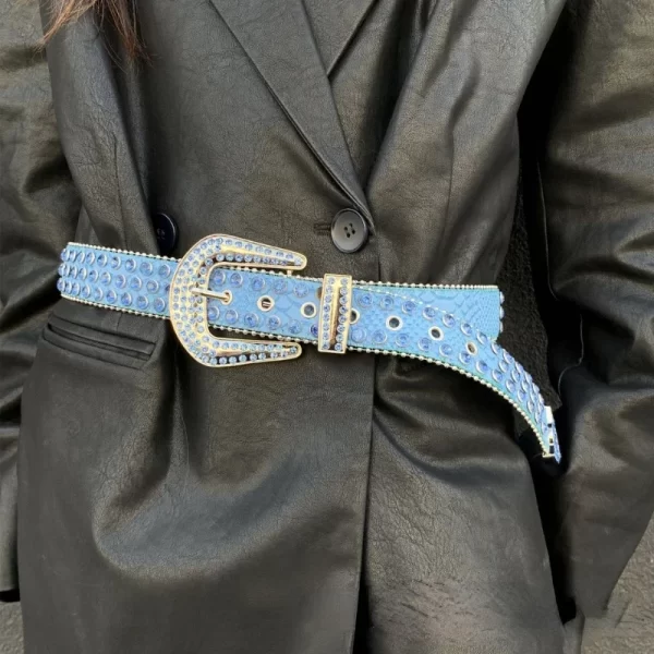 Luxury Rhinestone Personality Belt for Women Fashion Punk Style Blue Pin Buckle Clothing Accessories Drilling Designer bb Belt 6