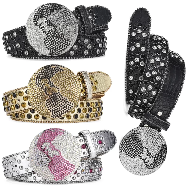 Western Leather belt BlingBling Diamond round buckle water Crystal diamond belt punk style Unisex PU Synthetic belt 1