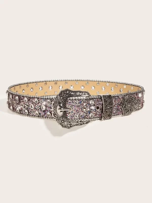 Women Sequin & Rhinestone Decor Geometric Buckle Fashion Belt For Dress Decoration 6