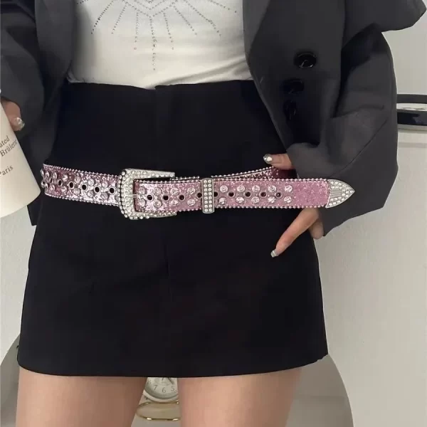 Y2K Women Fashion Solid Print Studded Full Rhinestone Belt PU Leather Bling Crystal Adjustable Glitter Waistband for Club Party 6