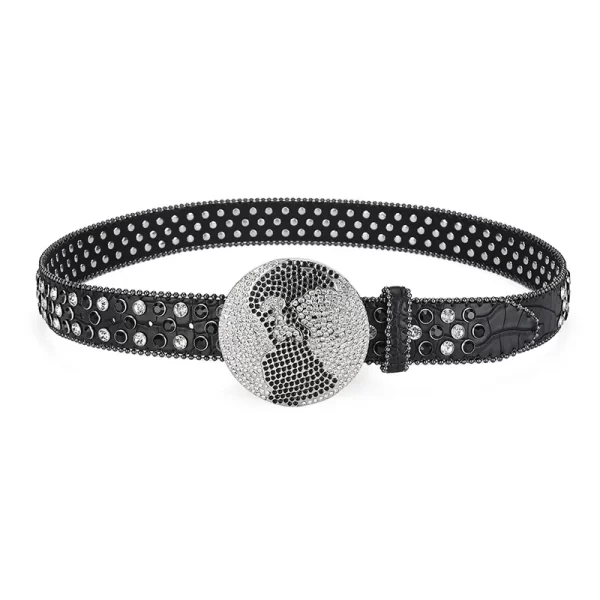 Western Leather belt BlingBling Diamond round buckle water Crystal diamond belt punk style Unisex PU Synthetic belt 2