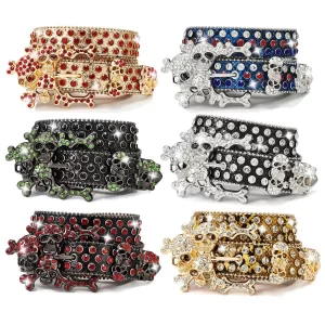 Western Leather Belt Crystal BlingBling Punk Belt Skull Pile Water Diamond Fashion Belt for Cowboy 1