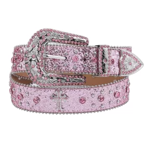 Pink cross-rivet Rhinestone belt sparkles, punk rock inlaid leather belt for men's jeans 2